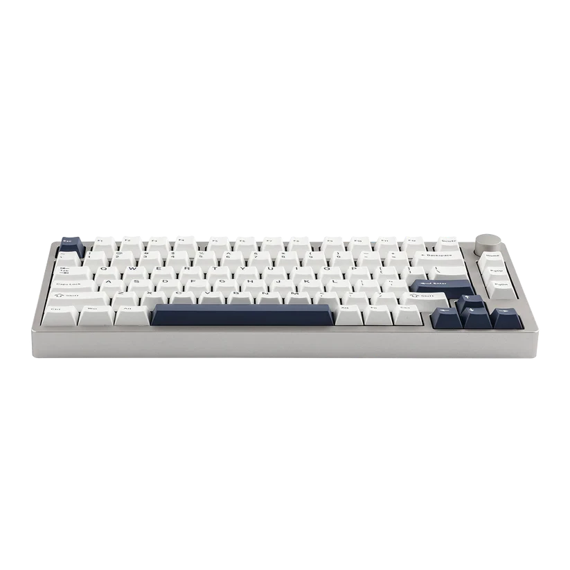 Teclado mecánico MyKeyboard EPOMAKER P75 75% con cuerpo de aluminio, teclas blancas y azules y rueda de volumen.