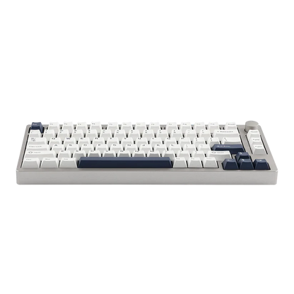 Teclado mecánico MyKeyboard EPOMAKER P75 75% con cuerpo de aluminio, teclas blancas y azules y rueda de volumen.