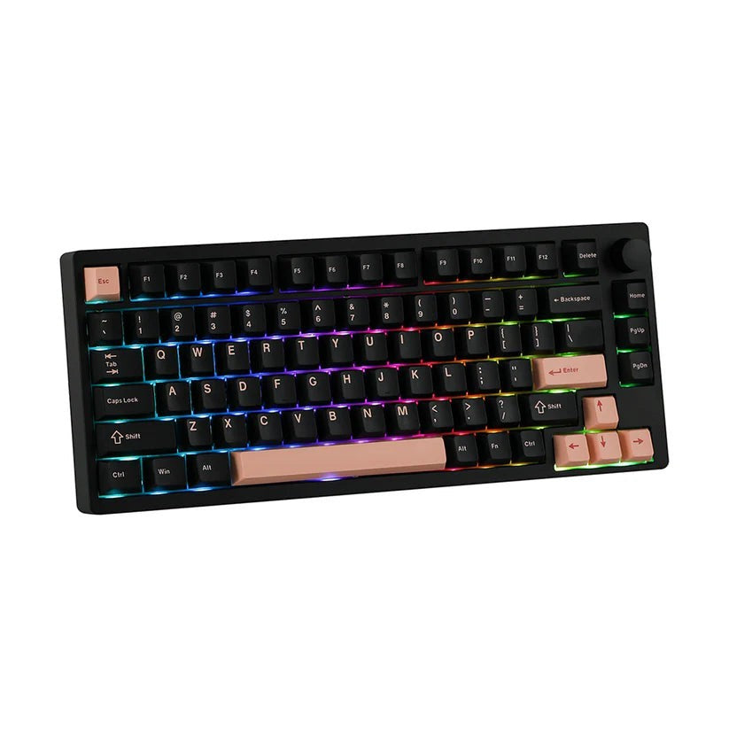 Teclado mecánico MyKeyboard EPOMAKER P75 75% con cuerpo de aluminio negro, teclas en tonos oscuros y rosa, e iluminación RGB