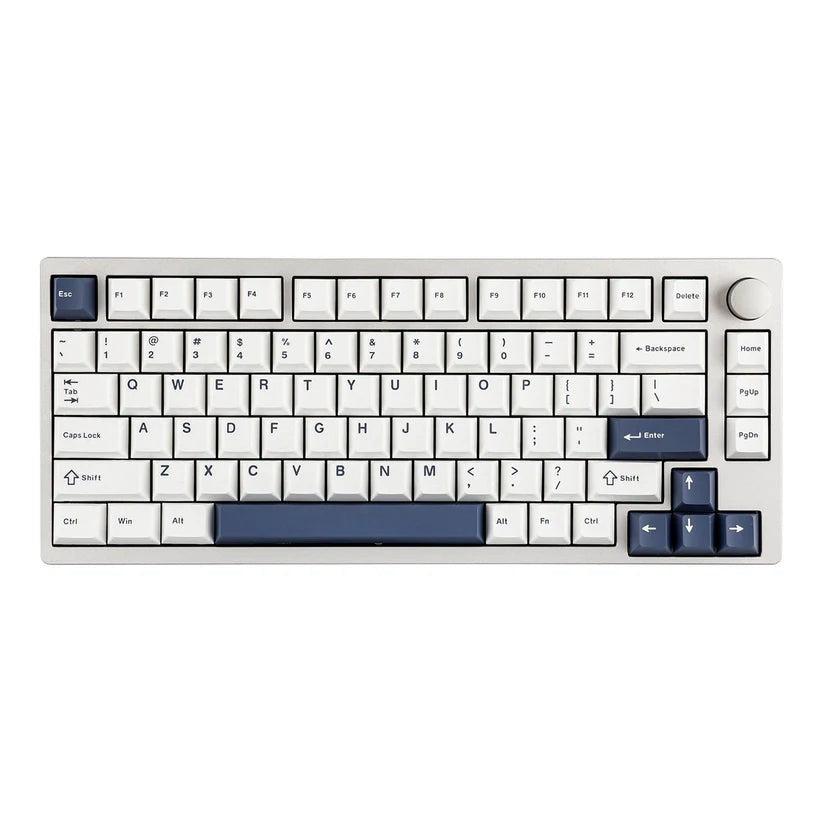 Teclado mecánico MyKeyboard EPOMAKER P75 75% con carcasa de aluminio, teclas blancas y azules y rueda de volumen.