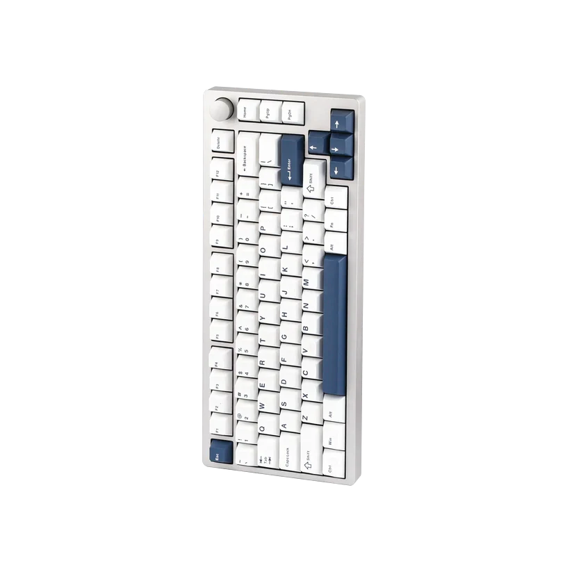 Teclado mecánico MyKeyboard EPOMAKER P75 75% con cuerpo de aluminio, teclas blancas y azules y rueda de volumen.