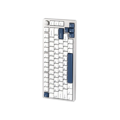 Teclado mecánico MyKeyboard EPOMAKER P75 75% con cuerpo de aluminio, teclas blancas y azules y rueda de volumen.