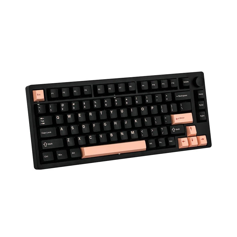 Teclado mecánico MyKeyboard EPOMAKER P75 75% con carcasa de aluminio negro, teclas oscuras y detalles en color salmón.