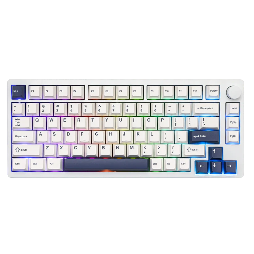 Teclado mecánico MyKeyboard Epomaker P75 75% blanco con teclas acentuadas en azul, iluminación RGB y rueda de volumen