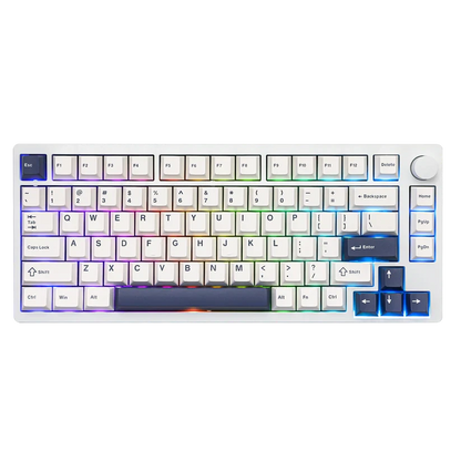 Teclado mecánico MyKeyboard Epomaker P75 75% blanco con teclas acentuadas en azul, iluminación RGB y rueda de volumen