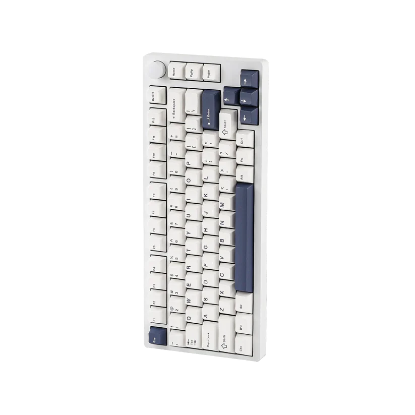 Teclado mecánico MyKeyboard EPOMAKER P75 formato 75% con cuerpo de aluminio blanco, teclas azul marino y rueda de volumen