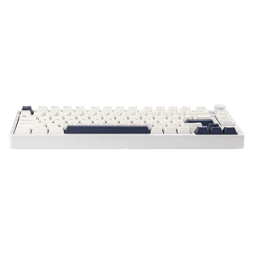 Teclado mecánico MyKeyboard Epomaker P75 75% con carcasa blanca, teclas blancas y azules y rueda de volumen