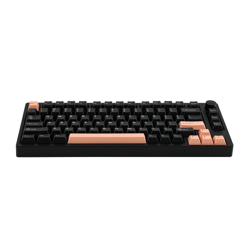 Teclado mecánico MyKeyboard Epomaker P75 formato 75% con cuerpo de aluminio negro, teclas en negro y rosa y rueda de volumen