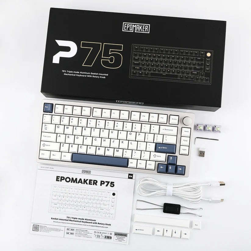Teclado mecánico MyKeyboard Epomaker P75 75% con cuerpo de aluminio, teclas blancas y azules y accesorios incluidos.