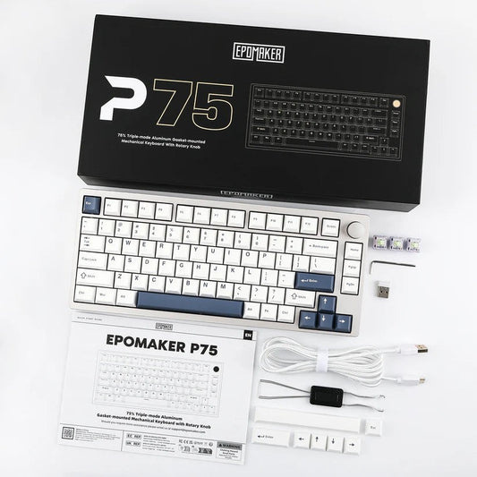 Teclado mecánico MyKeyboard Epomaker P75 75% con cuerpo de aluminio, teclas blancas y azules y accesorios incluidos.