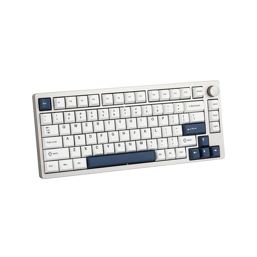 Teclado mecánico MyKeyboard EPOMAKER P75 75% con cuerpo de aluminio, teclas blancas y azules y rueda de volumen.