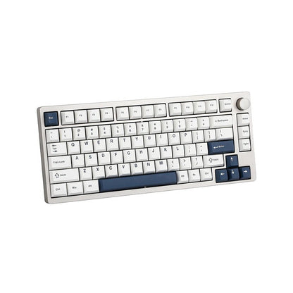 Teclado mecánico MyKeyboard EPOMAKER P75 75% con cuerpo de aluminio, teclas blancas y azules y rueda de volumen.