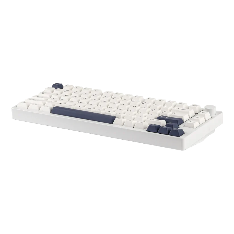 Teclado mecánico MyKeyboard Epomaker P75 75% blanco y azul con cuerpo de aluminio y rueda de volumen