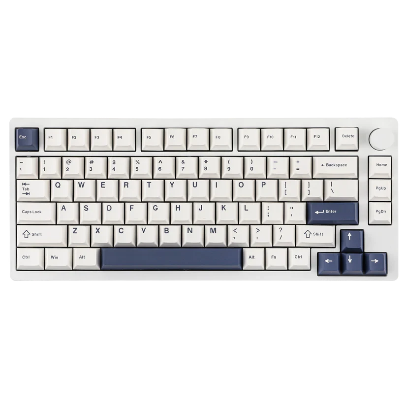 Teclado mecánico MyKeyboard EPOMAKER P75 formato 75% con carcasa de aluminio, teclas blancas y azules y rueda lateral.
