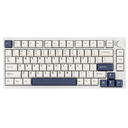 Teclado mecánico MyKeyboard EPOMAKER P75 formato 75% con carcasa de aluminio, teclas blancas y azules y rueda lateral.