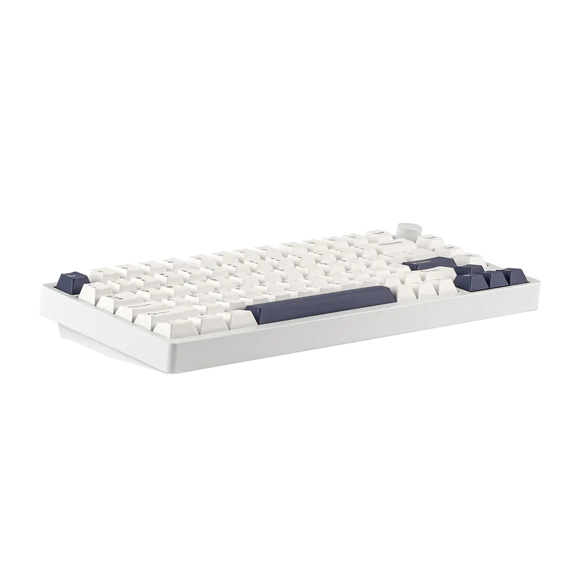 Teclado mecánico MyKeyboard Epomaker P75 formato 75% con teclas blancas y azules, cuerpo de aluminio y rueda de volumen