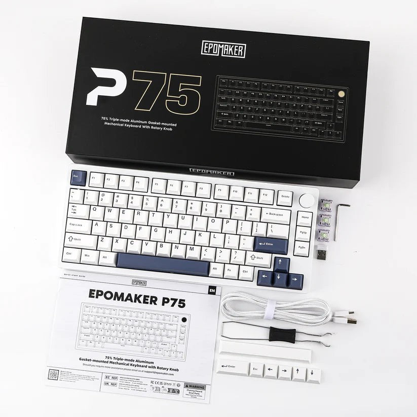 Teclado mecánico MyKeyboard Epomaker P75 75% blanco con teclas azules, base de aluminio y accesorios incluidos