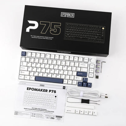 Teclado mecánico MyKeyboard Epomaker P75 75% blanco con teclas azules, base de aluminio y accesorios incluidos