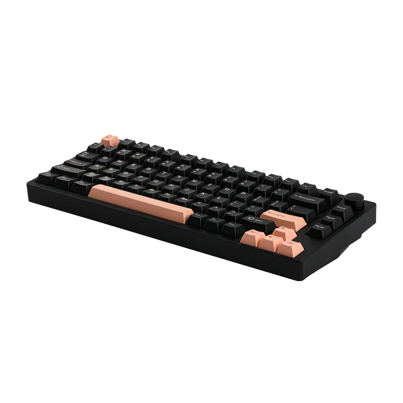 Teclado mecánico MyKeyboard EPOMAKER P75 75% con carcasa de aluminio negro, teclas en negro y rosa y rueda de volumen.