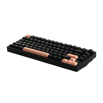 Teclado mecánico MyKeyboard EPOMAKER P75 75% con carcasa de aluminio negro, teclas en negro y rosa y rueda de volumen.