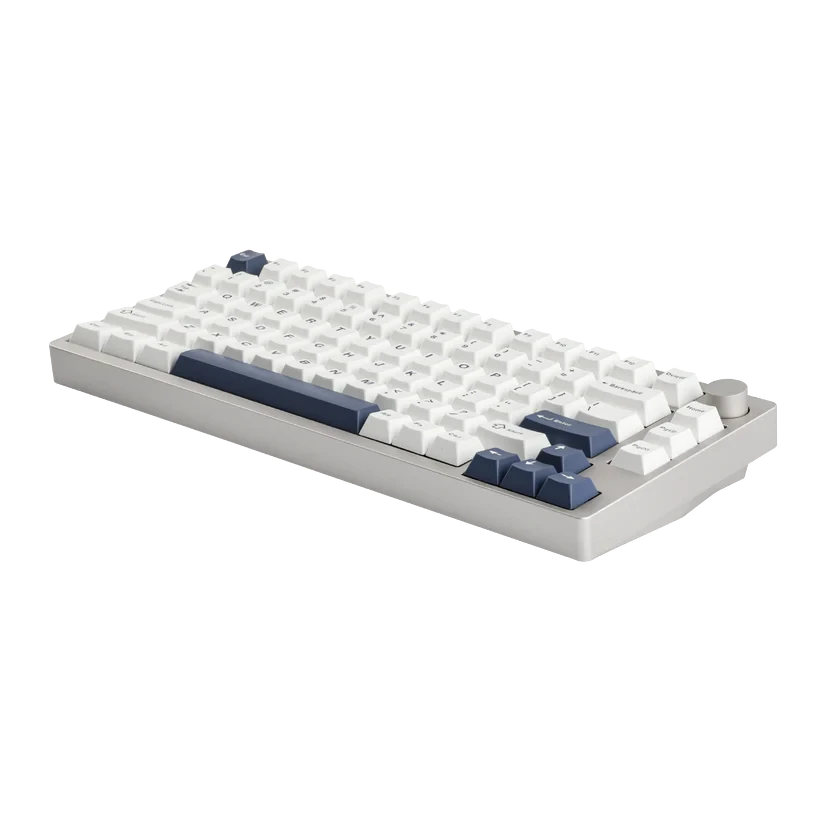 Teclado mecánico MyKeyboard EPOMAKER P75 75% con carcasa de aluminio, teclas blancas y azules y rueda de volumen.