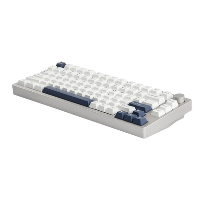 Teclado mecánico MyKeyboard EPOMAKER P75 75% con carcasa de aluminio, teclas blancas y azules y rueda de volumen.