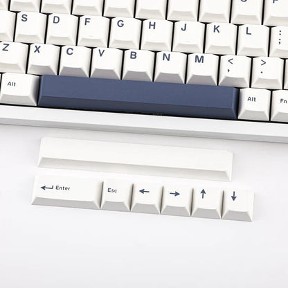 Teclado mecánico MyKeyboard EPOMAKER P75 con teclas blancas y barra espaciadora azul, incluye teclas de repuesto