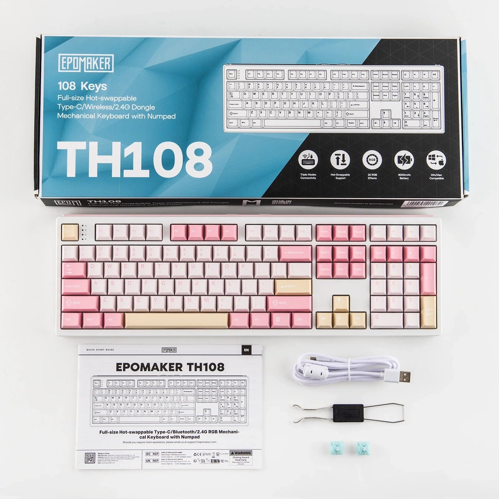 Teclado mecánico MyKeyboard Epomaker TH108 Rosado de tamaño completo con teclas PBT, caja, manual y accesorios.