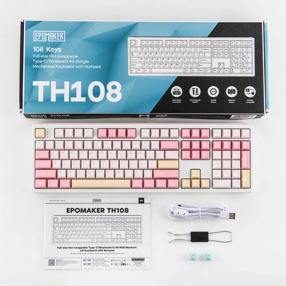 Teclado mecánico MyKeyboard Epomaker TH108 Rosado de tamaño completo con teclas PBT, caja, manual y accesorios.