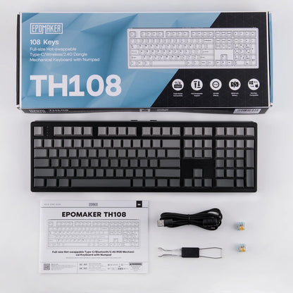 Teclado mecánico MyKeyboard EPOMAKER TH108 negro con caja, cable USB, extractor de teclas y switches adicionales