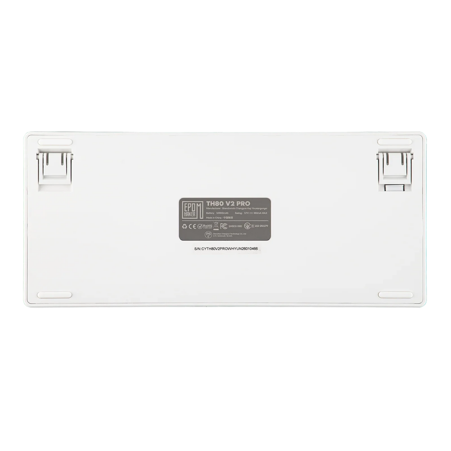 Parte inferior del teclado MyKeyboard Epomaker TH80 V2 Pro en color blanco con patas ajustables y etiqueta técnica