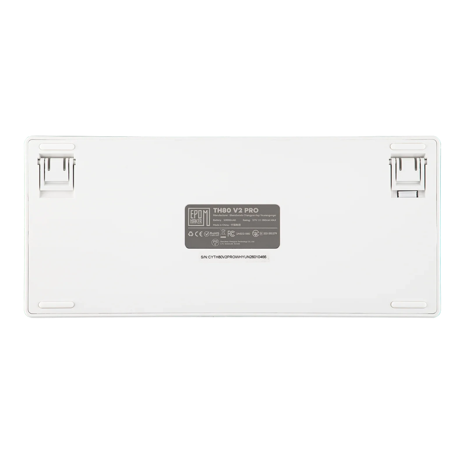 Parte inferior del teclado MyKeyboard Epomaker TH80 V2 Pro en color blanco con patas ajustables y etiqueta técnica