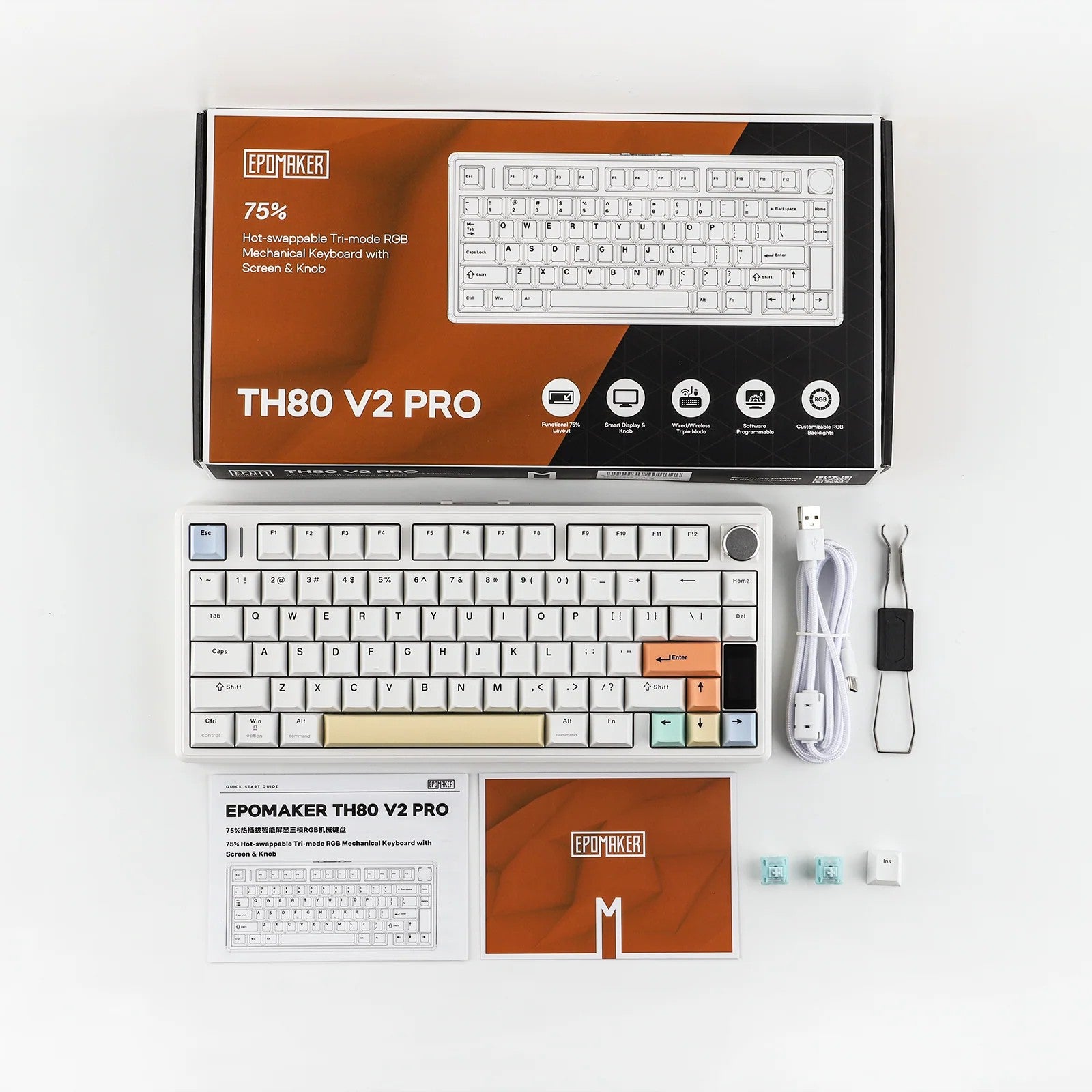 Teclado mecánico MyKeyboard EPOMAKER TH80 V2 Pro blanco al 75% con pantalla LCD, perilla y accesorios incluidos.
