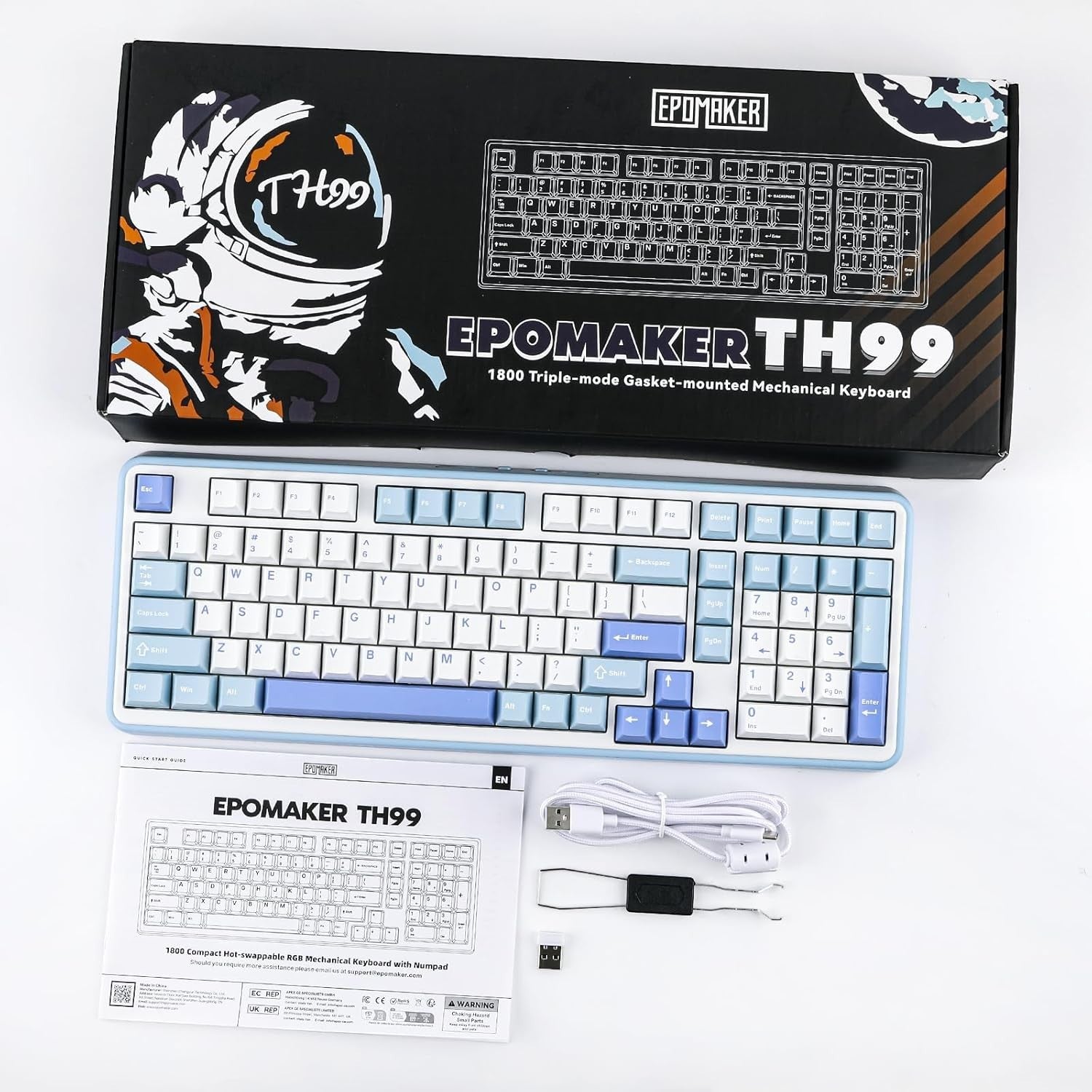 Teclado mecánico MyKeyboard Epomaker TH99 96% con teclas PBT azul y blanco, incluye caja, cable y accesorios