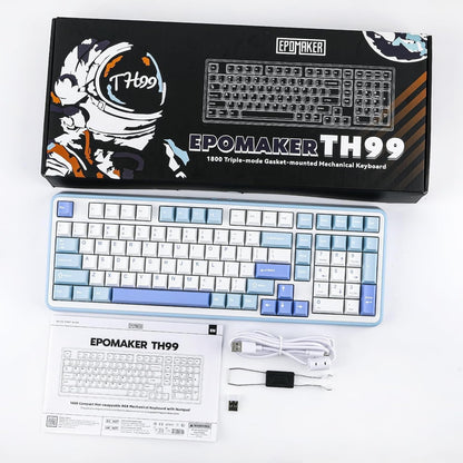 Teclado mecánico MyKeyboard Epomaker TH99 96% con teclas PBT azul y blanco, incluye caja, cable y accesorios