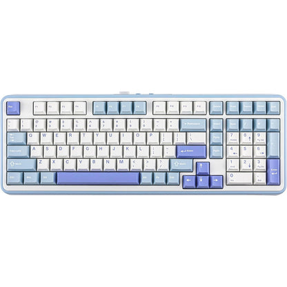 Teclado mecánico MyKeyboard Epomaker TH99 96% con teclas PBT en tonos azul y blanco, iluminación RGB y diseño ergonómico.