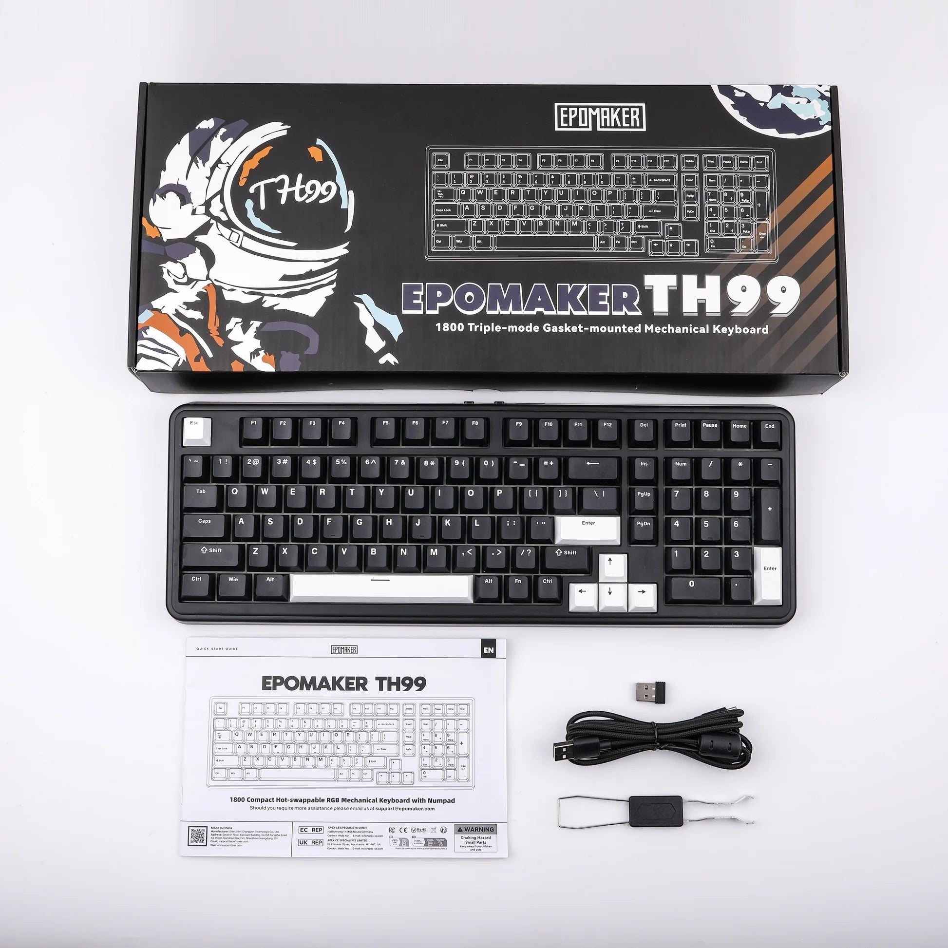 Teclado mecánico MyKeyboard Epomaker TH99 96% con teclas PBT negras y blancas, incluye caja, cable y accesorios.