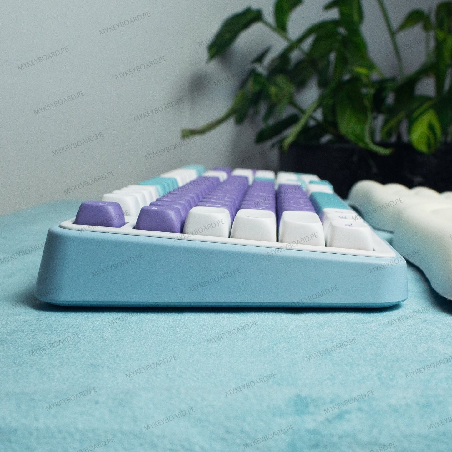 Teclado mecánico MyKeyboard Epomaker TH99 Mulan con teclas moradas y blancas y base azul claro en vista lateral