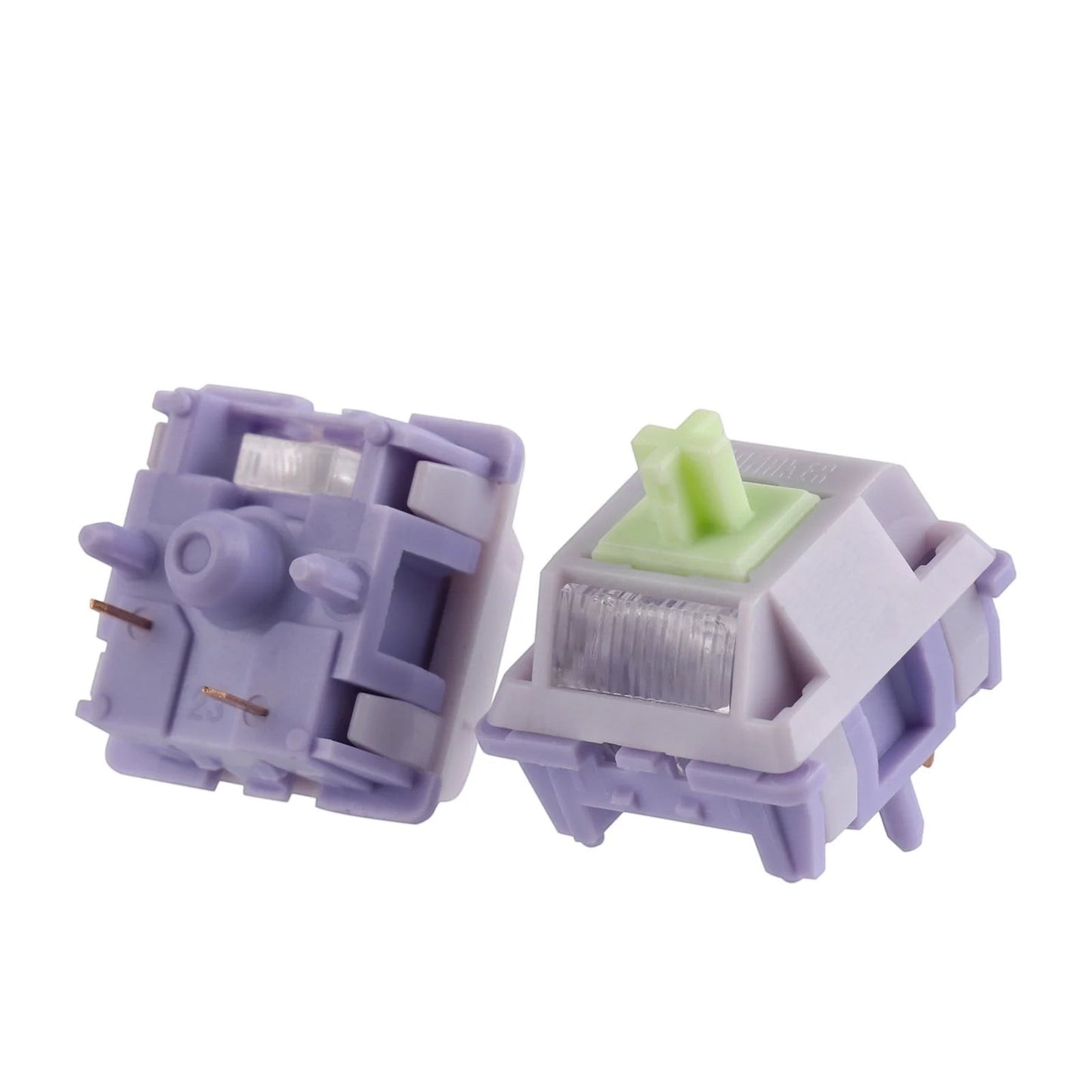 Switches lineales MyKeyboard Epomaker Wisteria V2 de color morado y verde con diseño de 5 pines para teclado