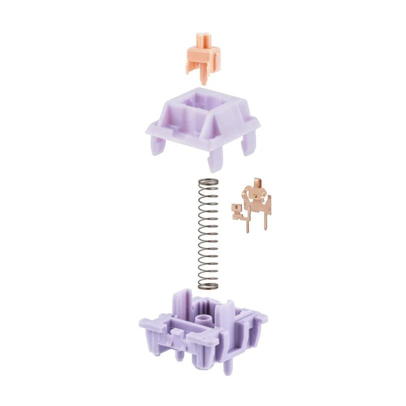 Switches táctiles MyKeyboard EPOMAKER Wisteria desmontados mostrando housing morado, stem melocotón y muelle metálico
