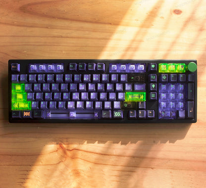 Teclado mecánico MyKeyboard Galaxy100 EVA01 con chasis de aluminio, teclas translúcidas verdes y moradas estilo mecha