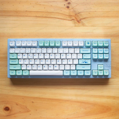 Teclado mecánico MyKeyboard Galaxy80 Snow Mountain con base de aluminio azul y teclas blancas y verde menta