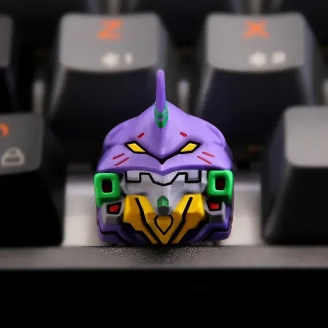 Keycap artesanal MyKeyboard diseño EVA-01 de Evangelion en colores morado, verde y amarillo para switches Cherry MX