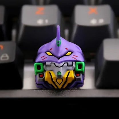 Keycap artesanal MyKeyboard diseño EVA-01 de Evangelion en colores morado, verde y amarillo para switches Cherry MX
