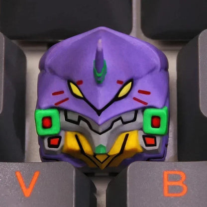 Keycap artesanal MyKeyboard diseño EVA-01 de Evangelion en colores morado, verde y amarillo para teclados mecánicos MX