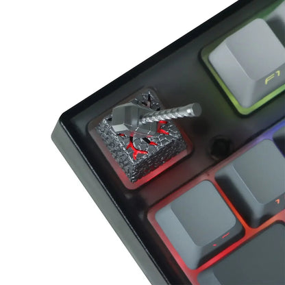 Keycap artesanal MyKeyboard con diseño de martillo de Thor sobre base de piedra agrietada con iluminación roja