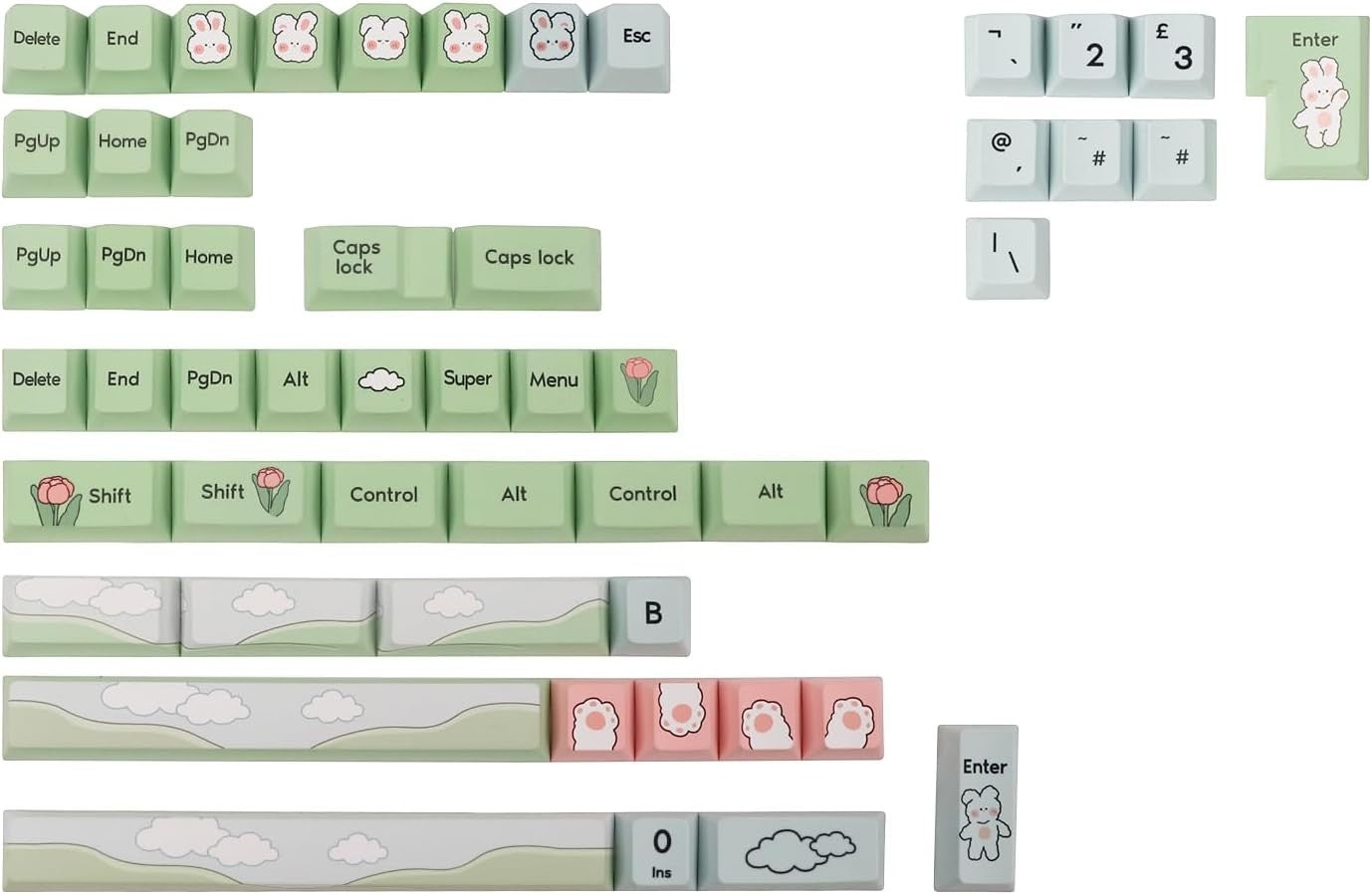 Set de 156 teclas MyKeyboard Epomaker Alice's Adventure, perfil Cherry, PBT sublimado con diseño de conejos y flores.