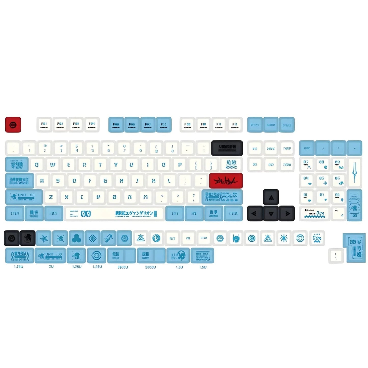 Set de 134 teclas MyKeyboard perfil XDA de PBT con diseño temático EVA 00 en tonos blanco, azul y detalles en rojo