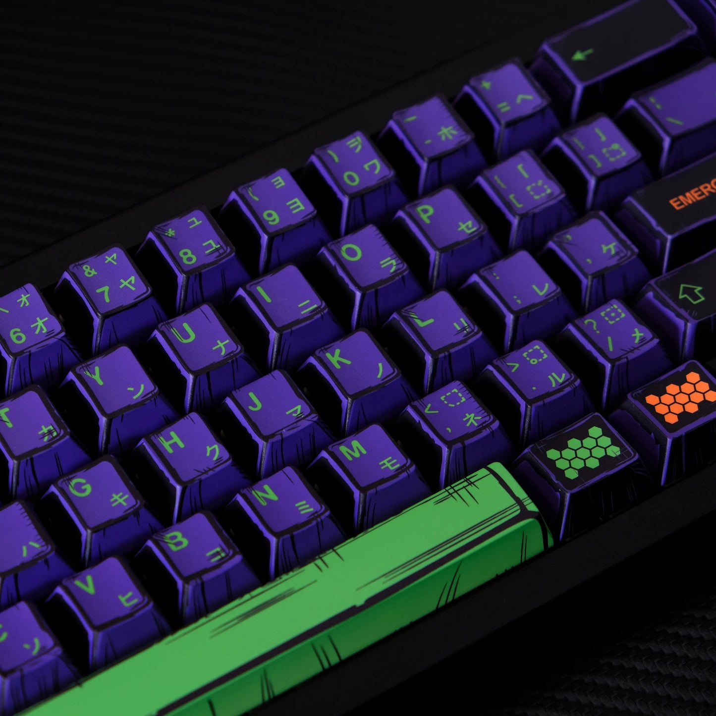 Set de keycaps MyKeyboard Jaycomia EVA 01 Mini de perfil Cherry en PBT con diseño temático morado y verde