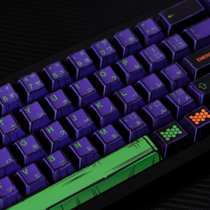 Set de keycaps MyKeyboard Jaycomia EVA 01 Mini de perfil Cherry en PBT con diseño temático morado y verde
